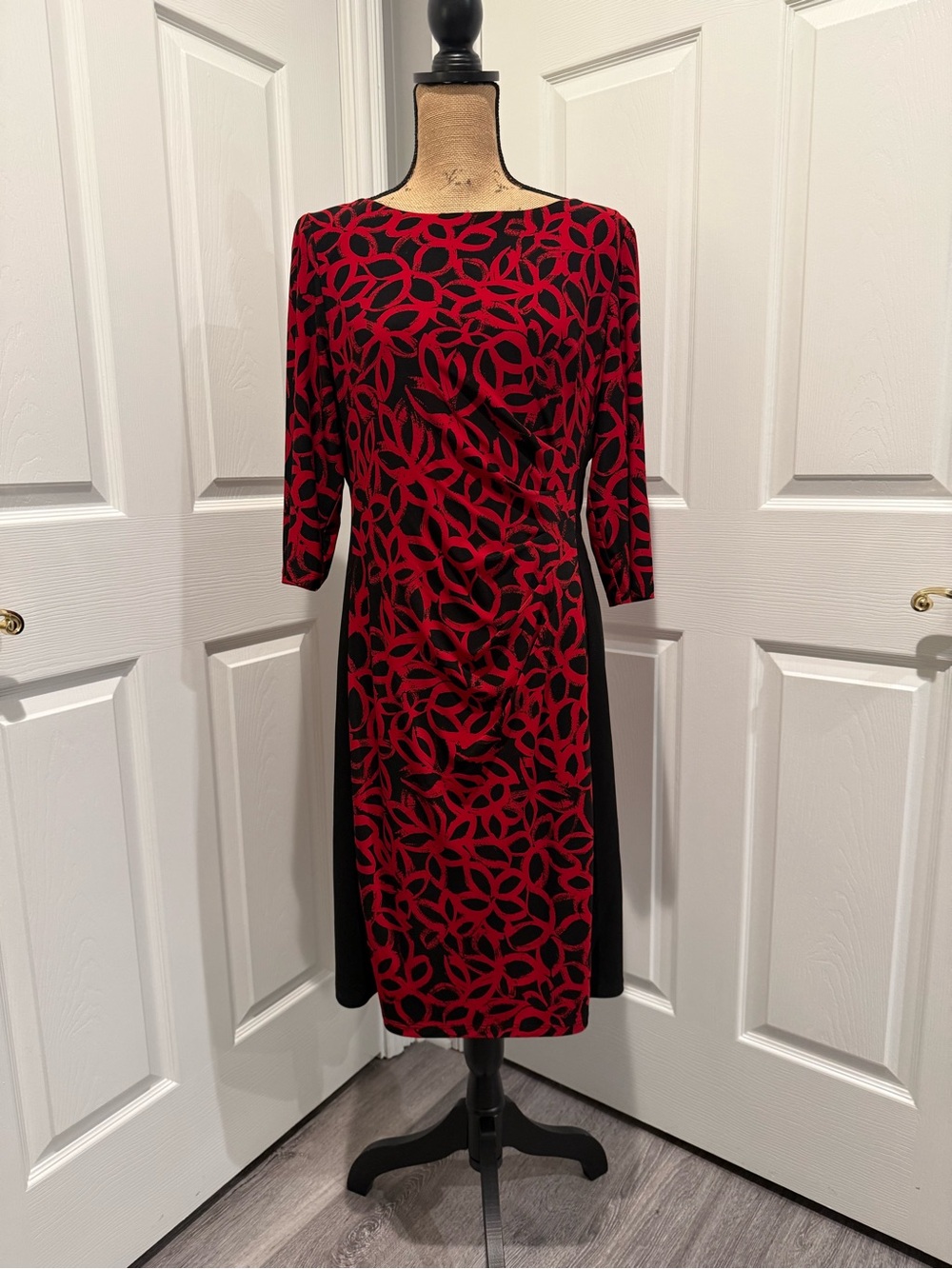 Ralph Lauren Red & Black Patterned Midi Sheath Dress